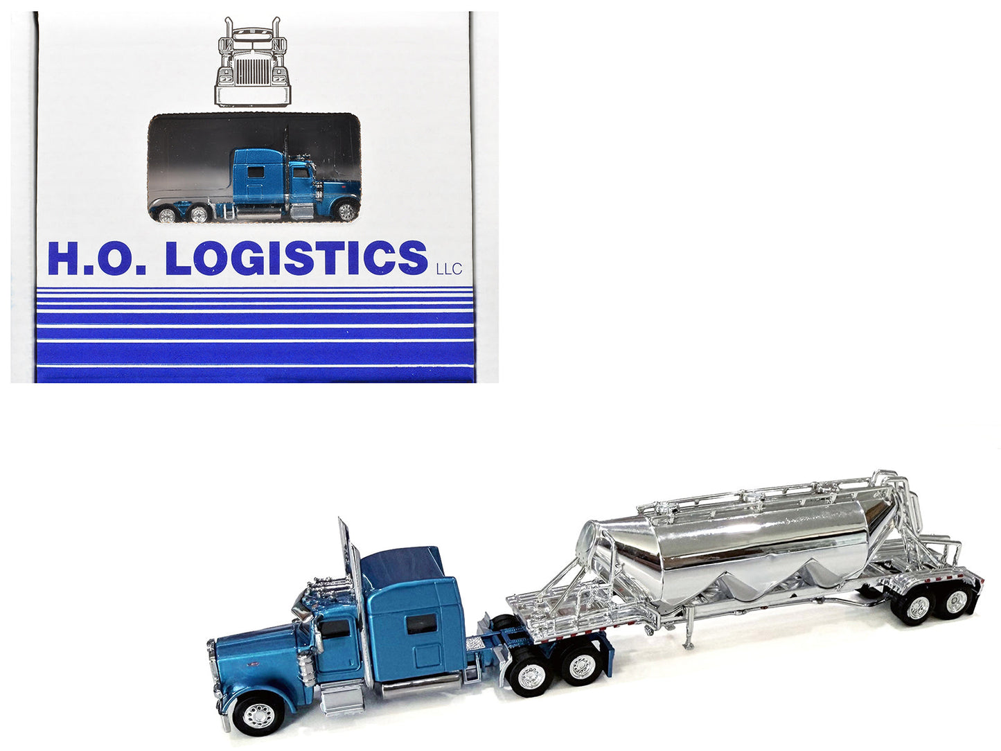 Peterbilt 389 Truck Tractor with Sleeper Cab Blue Metallic and Pneumatic Tank Trailer Chrome Combo Set 1/87 (HO) Plastic Model Car