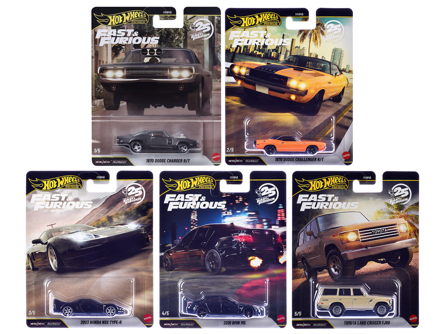 "Fast & Furious 25th Anniversary" 2026 5 piece Set Q Diecast Model Cars