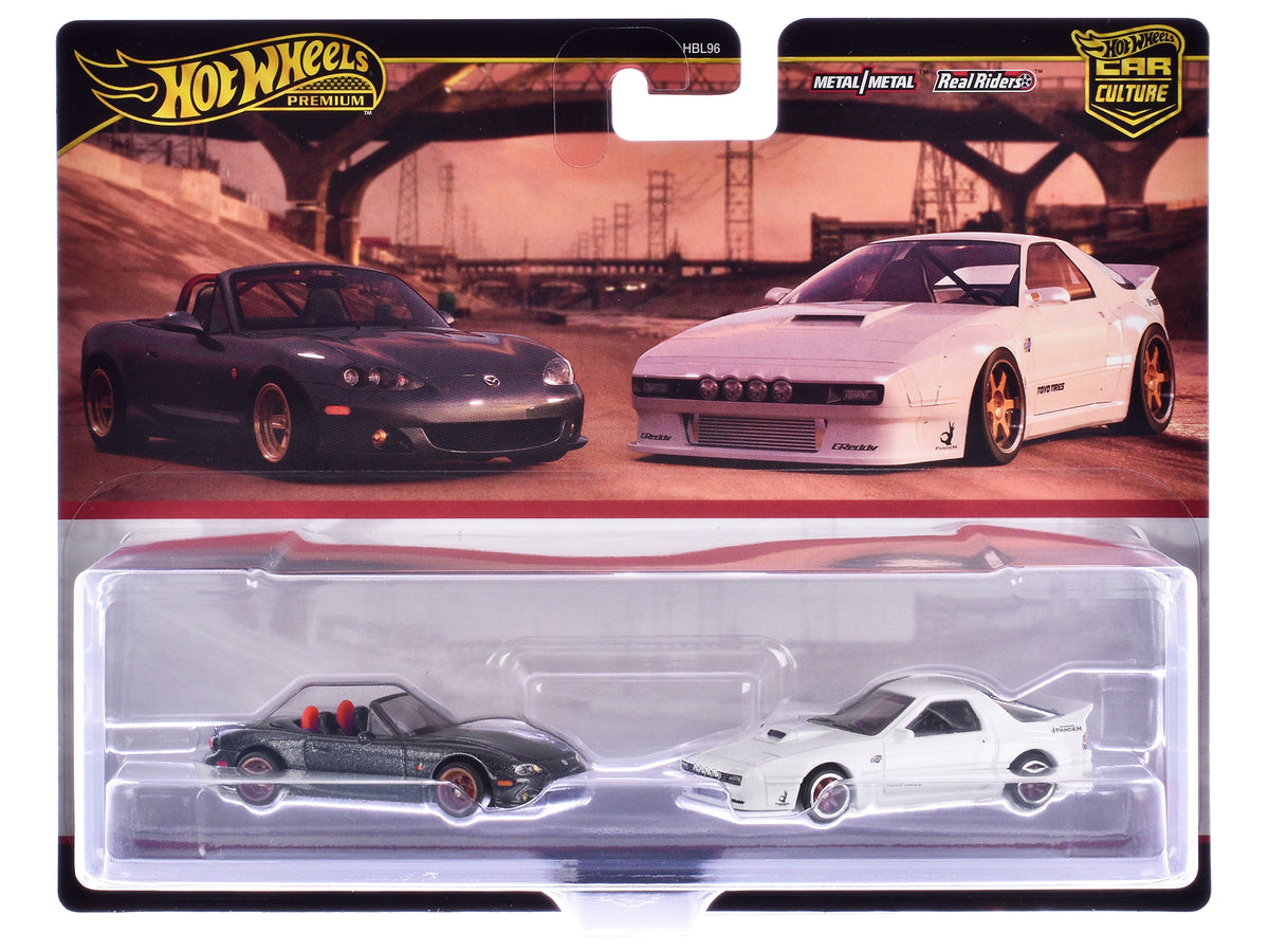 Mazda Mazdaspeed Miata Gray Metallic and Mazda RX7 FC Pandem White "Car Culture" Set of 2 Cars Diecast Model Cars