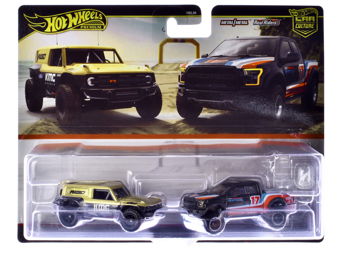 Ford Bronco R Gold Metallic and Black and 2017 Ford F-150 Raptor Pickup Truck #17 Black with Stripes "Car Culture" Set of 2 Cars Diecast Model Cars