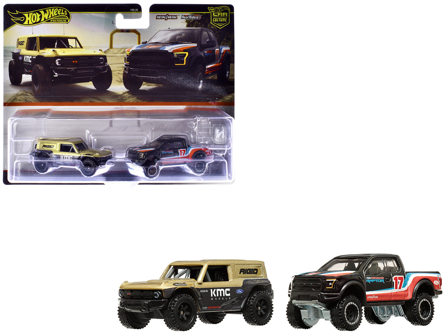 Ford Bronco R Gold Metallic and Black and 2017 Ford F-150 Raptor Pickup Truck #17 Black with Stripes "Car Culture" Set of 2 Cars Diecast Model Cars