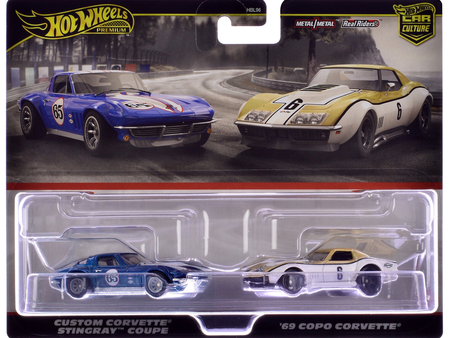 Chevrolet Custom Corvette Stingray Coupe #65 Blue Metallic with White Stripes and 1969 Chevrolet COPO Corvette #6 Gold Metallic and White "Car Culture" Set of 2 Cars Diecast Model Cars