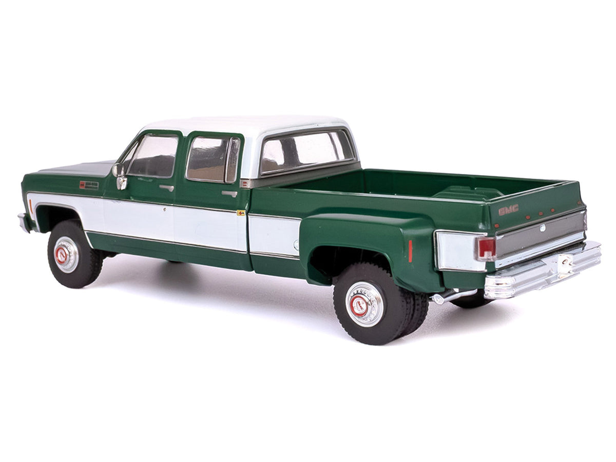 1973 GMC Sierra Grande 3500 Crew Cab Dually Pickup Truck Green and White 1/64 Diecast Model