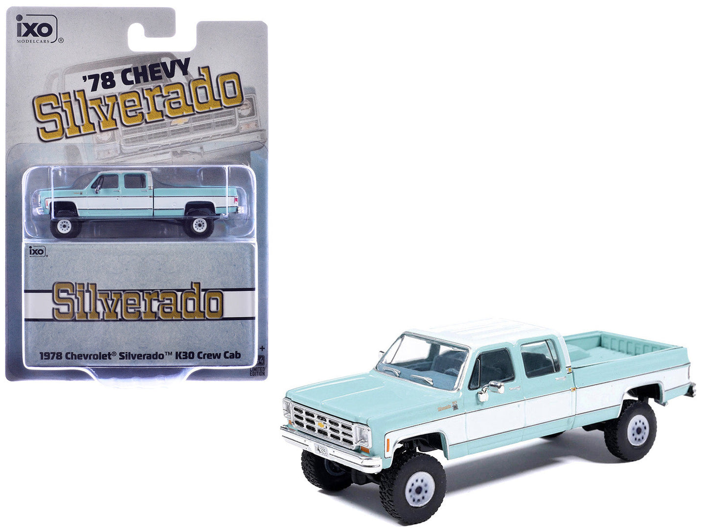 1978 Chevrolet Silverado K30 Crew Cab Pickup Truck Light Blue and White with Blue Interior 1/64 Diecast Model