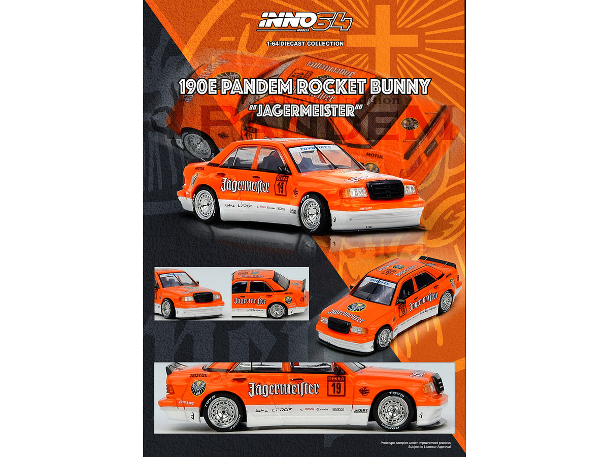 Pandem Rocket Bunny 190E #19 "Jagermeister" Orange and White 1/64 Diecast Model Car