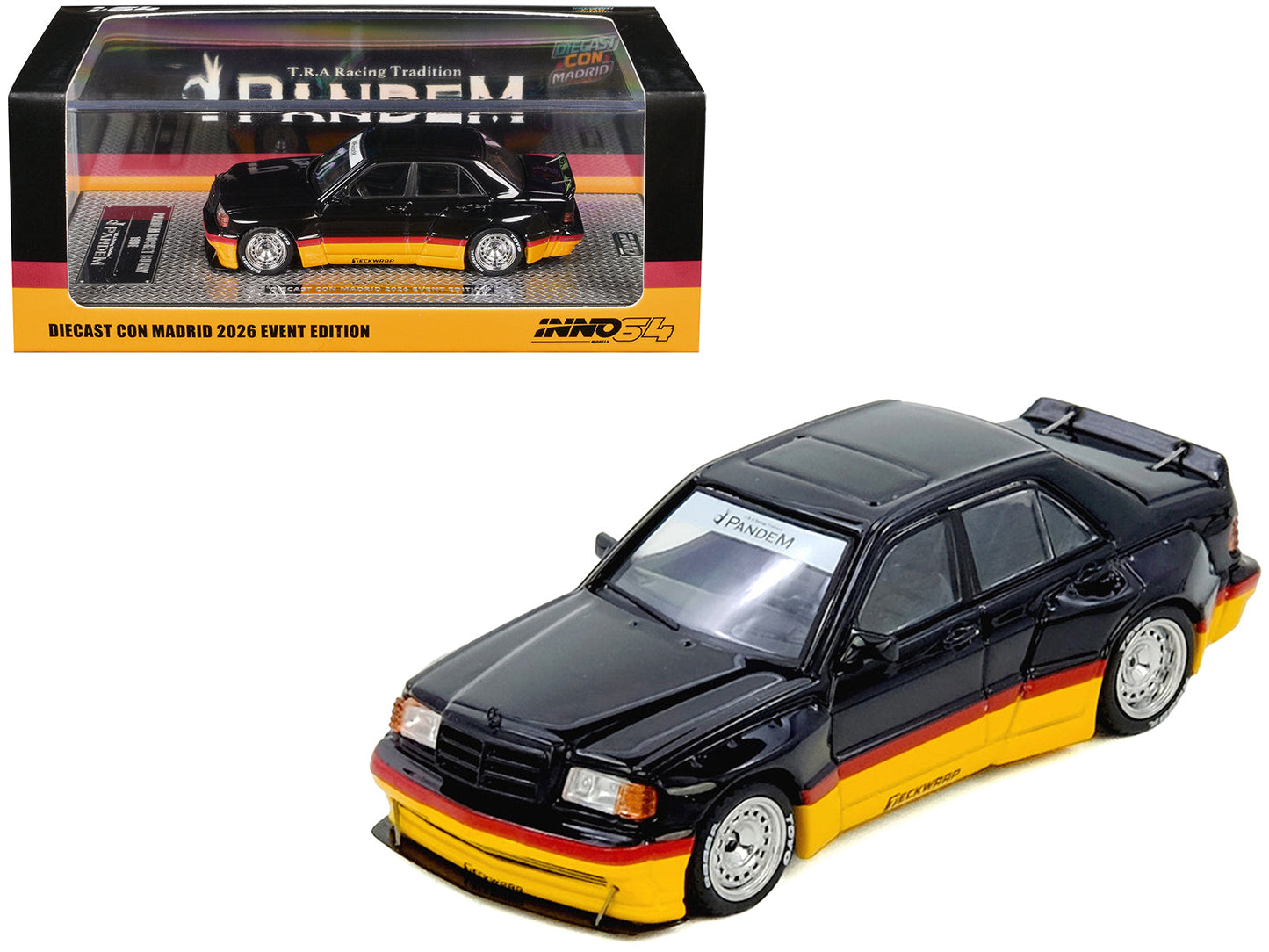 Pandem Rocket Bunny 190E Black with Red and Yellow Stripes "Diecast Con Madrid 2026 Event Edition" 1/64 Diecast Model Car