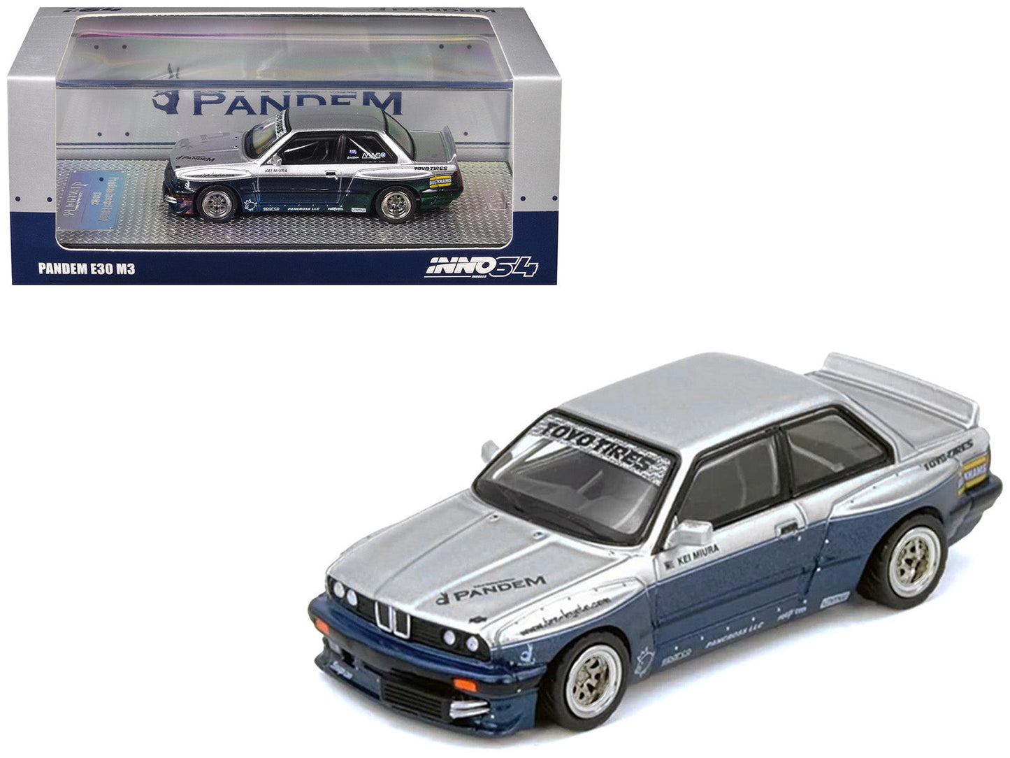 Pandem E30 M3 Silver Metallic and Dark Blue 1/64 Diecast Model Car