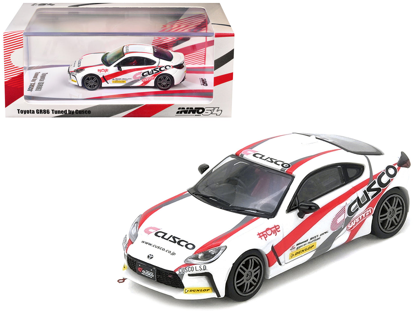 Toyota GR86 Tuned by "CUSCO" RHD (Right Hand Drive) White with Red and Gray Stripes 1/64 Diecast Model Car