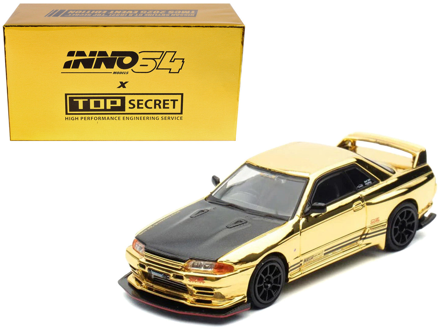 Nissan Skyline GT-R (R32) "Top Secret" RHD (Right Hand Drive) Chrome Gold with Carbon Hood "The Model Car Show Malaysia 2025 Event Edition" 1/64 Diecast Model Car