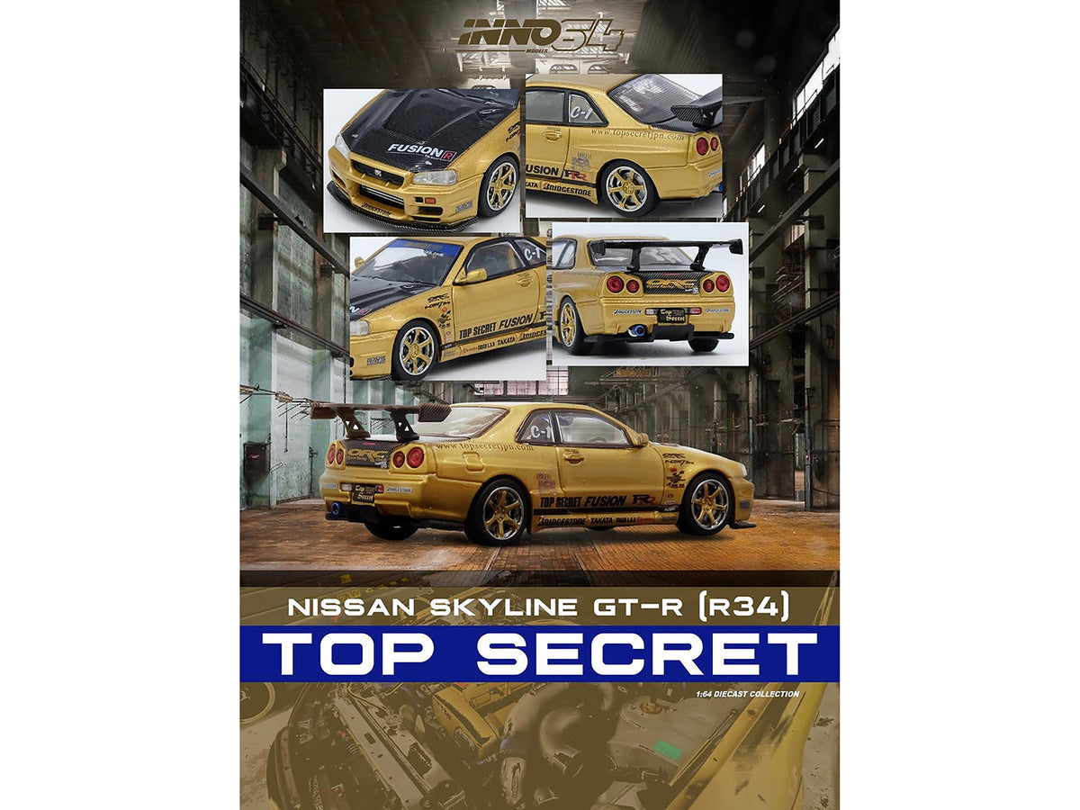 Nissan Skyline GT-R (R34) RHD (Right Hand Drive) "Top Secret" Gold Metallic with Carbon Hood and Trunk 1/64 Diecast Model Car