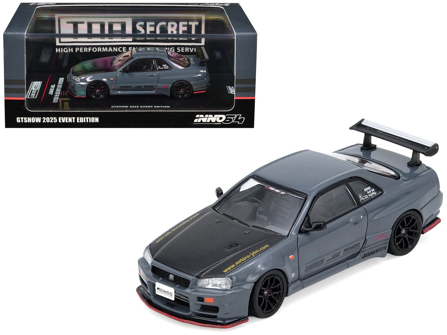 Nissan Skyline GT-R (R34) "Top Secret" RHD (Right Hand Drive) Stealth Gray with Carbon Hood "GTSHOW 2025 Event Edition" 1/64 Diecast Model Car