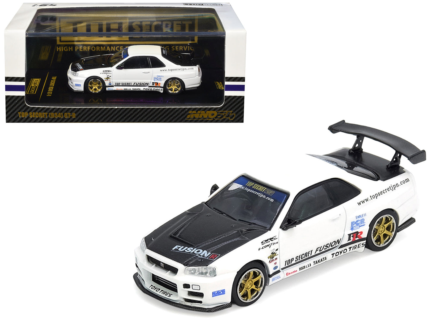 Nissan Skyline GT-R (R34) "Top Secret" RHD (Right Hand Drive) White with Carbon Hood 1/64 Diecast Model Car