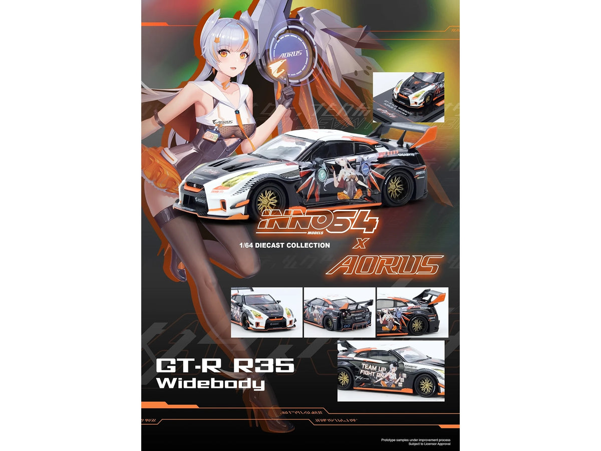 Nissan GT-R (R35) Widebody RHD (Right Hand Drive) Black and White with Graphics "AORUS X INNO64 Limited Edition" 1/64 Diecast Model Car