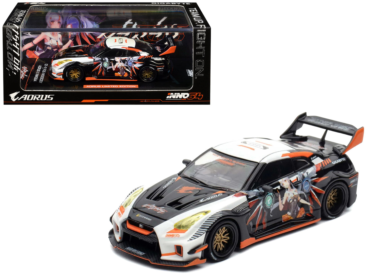 Nissan GT-R (R35) Widebody RHD (Right Hand Drive) Black and White with Graphics "AORUS X INNO64 Limited Edition" 1/64 Diecast Model Car