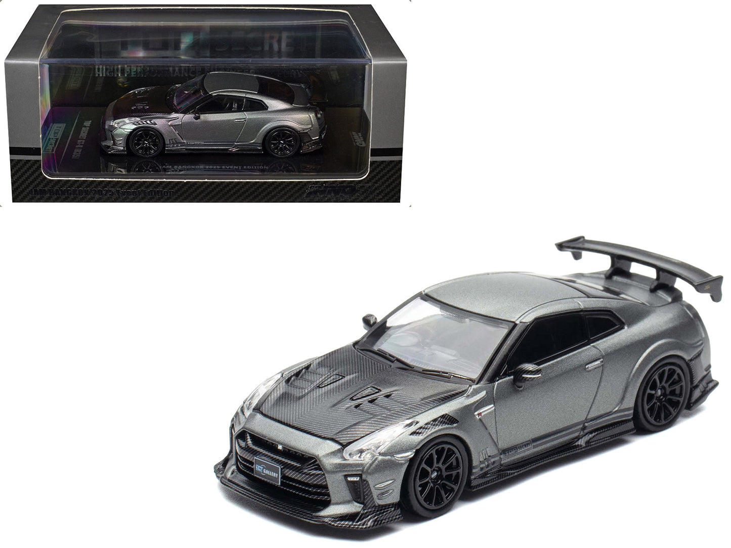 Nissan GT-R (R35) "Top Secret" RHD (Right Hand Drive) Gray Metallic with Carbon Hood "IAM Bangkok 2025 Event Edition" 1/64 Diecast Model Car