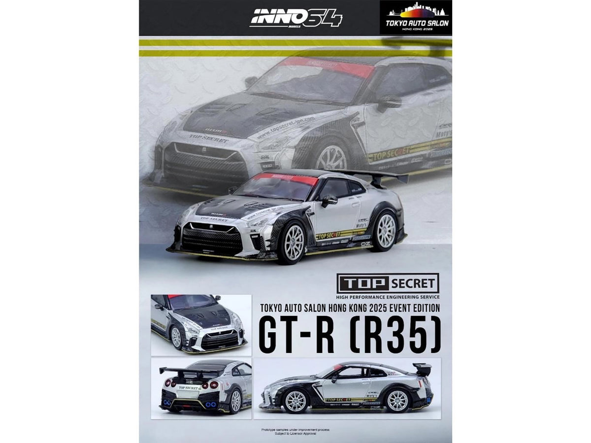 Nissan GT-R (R35) Top Secret RHD (Right Hand Drive) Silver Metallic with Carbon Hood and Top "Tokyo Auto Salon Hong Kong 2025 Event Edition" 1/64 Diecast Model Car