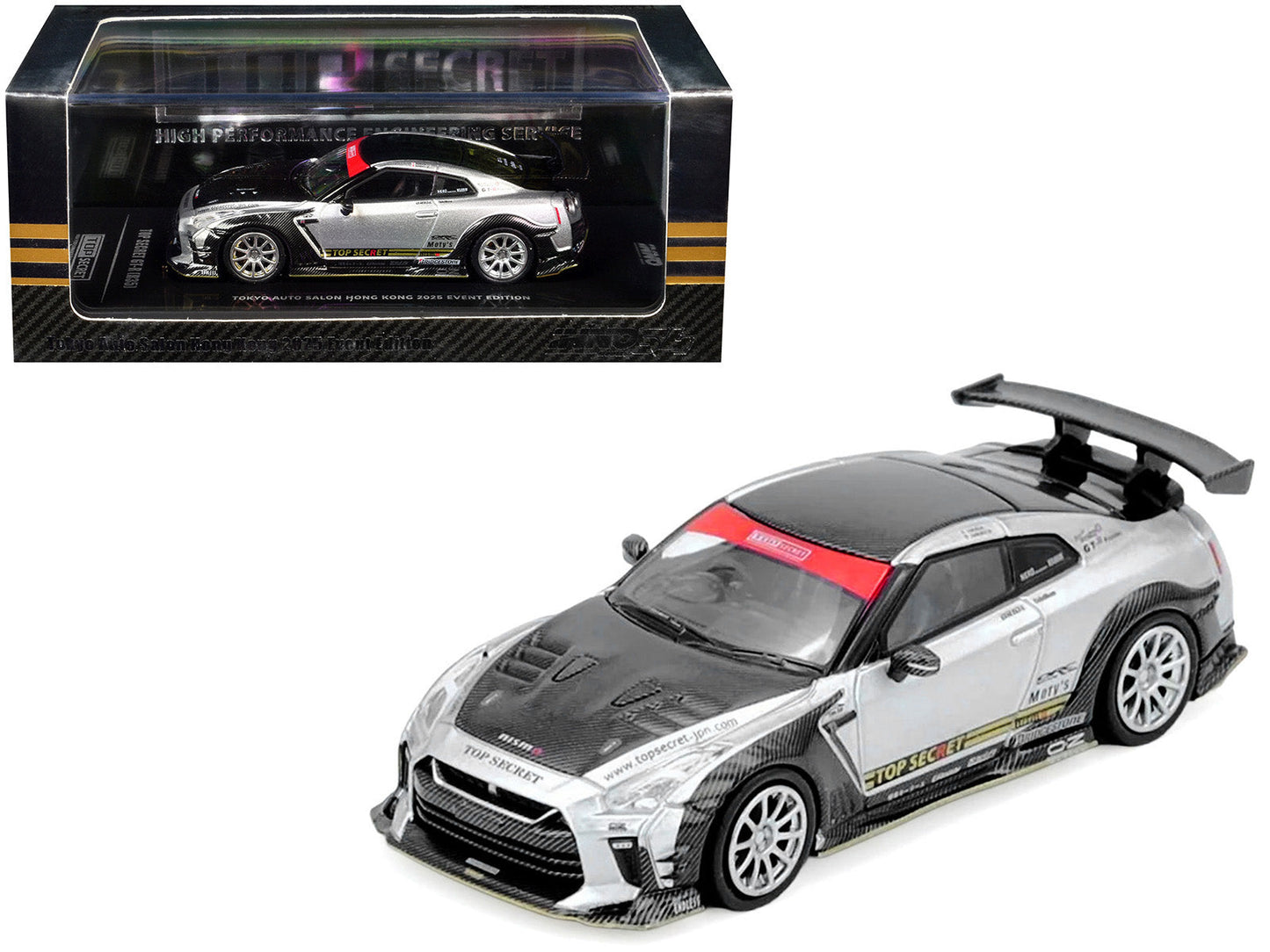 Nissan GT-R (R35) Top Secret RHD (Right Hand Drive) Silver Metallic with Carbon Hood and Top "Tokyo Auto Salon Hong Kong 2025 Event Edition" 1/64 Diecast Model Car