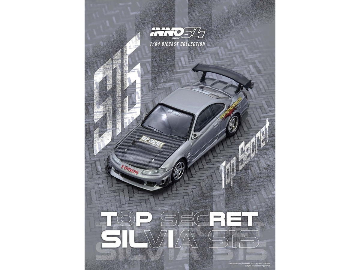 Nissan "Top Secret" Silvia (S15) RHD (Right Hand Drive) Silver Metallic with Carbon Hood 1/64 Diecast Model Car