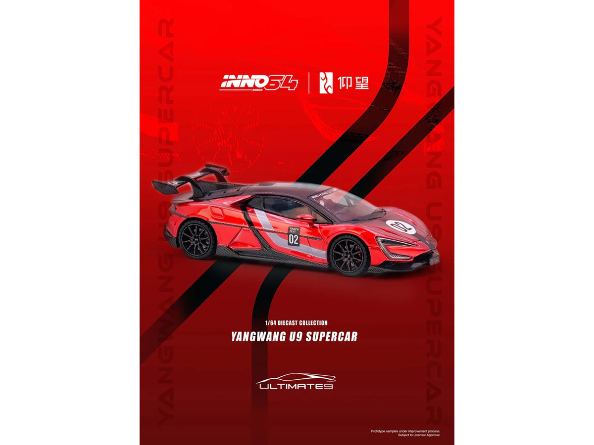 2025 Yangwang U9 Xtreme Test Car #02 Red Metallic with White Stripes and Carbon Top "World Fastest EV Supercar" 1/64 Diecast Model Car
