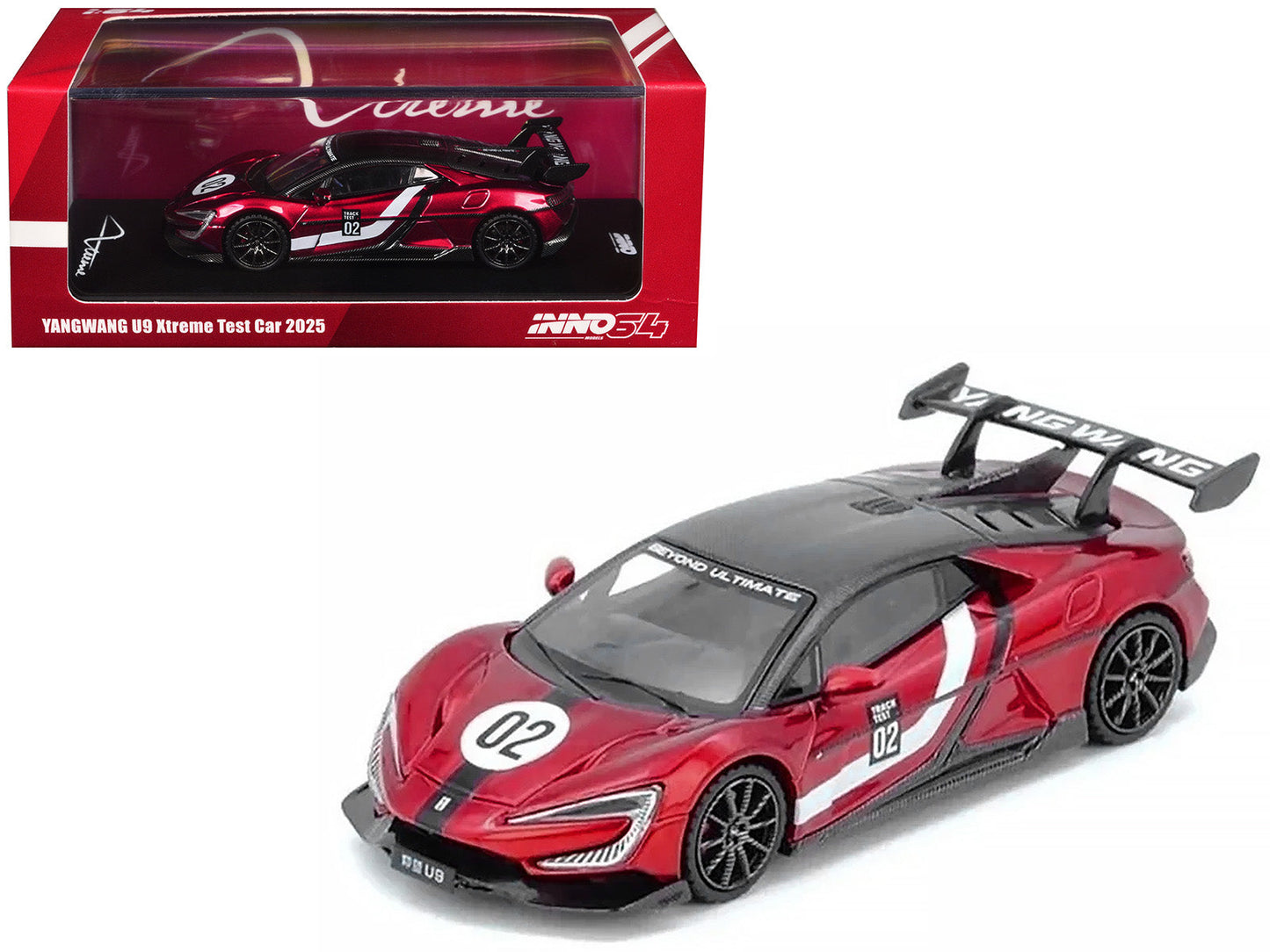 2025 Yangwang U9 Xtreme Test Car #02 Red Metallic with White Stripes and Carbon Top "World Fastest EV Supercar" 1/64 Diecast Model Car