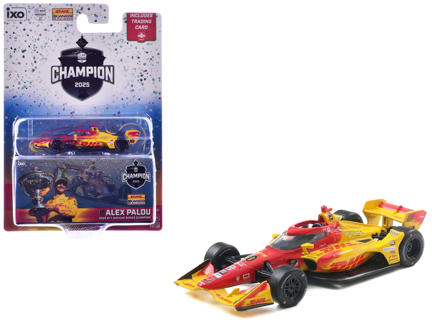Dallara IndyCar #10 Alex Palou "DHL" Chip Ganassi Racing (Road Course Configuration) Champion "NTT IndyCar Series" (2025) with Trading Card 1/64 Diecast Model Car