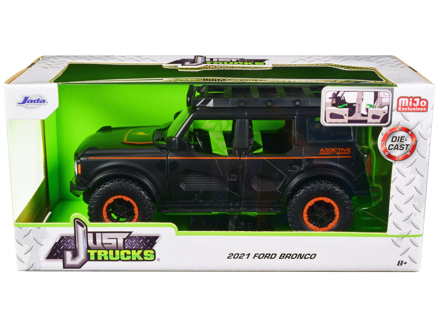 2021 Ford Bronco Matt Black with Orange Stripes and Roof Rack "Addictive Desert Designs" "Just Trucks" Series 1/24 Diecast Model Car