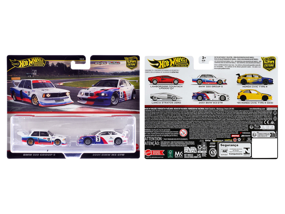 BMW 320 Group 5 #12 White with Stripes and 2001 BMW M3 GTR #3 White with Stripes "Car Culture" Set of 2 Cars Diecast Model Cars