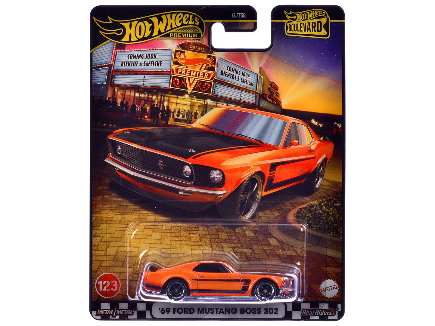 1969 Ford Mustang Boss 302 Orange with Black Stripes and Hood "Boulevard" Series Diecast Model Car