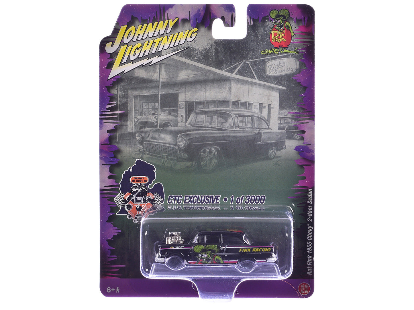 1955 Chevrolet 2-Door Sedan "Rat Fink Racing" Black with Graphics "CTC Exclusive" Series Limited Edition to 3000 pieces Worldwide 1/64 Diecast Model Car