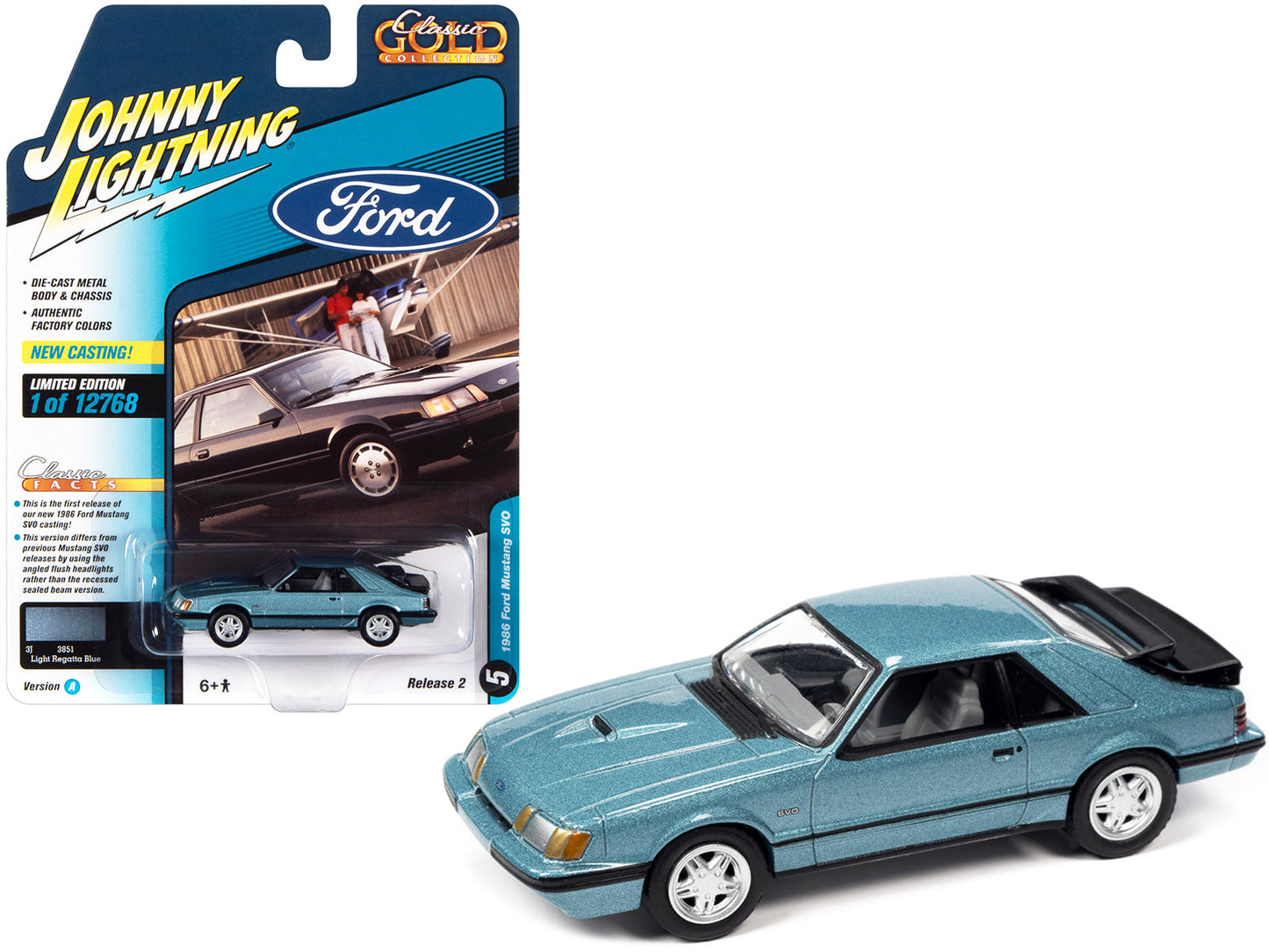 1986 Ford Mustang SVO Light Regatta Blue Metallic with Black Stripes "Classic Gold Collection" Series Limited Edition to 12768 pieces Worldwide 1/64 Diecast Model Car
