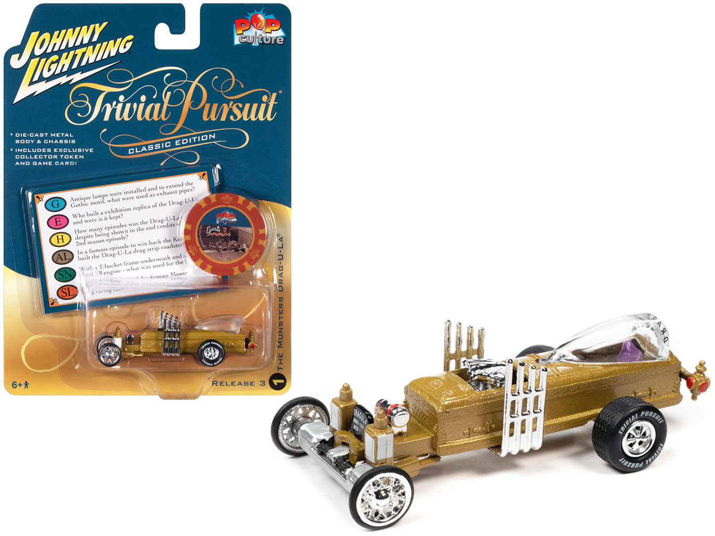 Barris Drag-U-La "The Munsters" "Trivia Pursuit" with Poker Chip Collector's Token and Game Card "Pop Culture" 2022 Release 3 1/64 Diecast Model Car