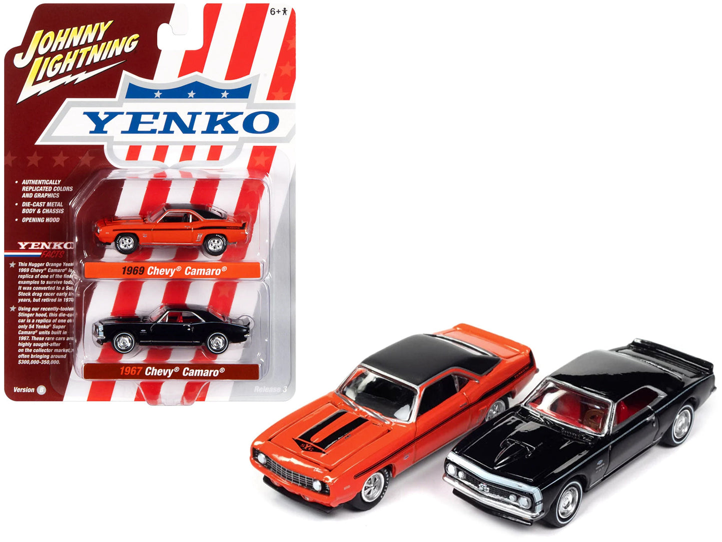 1969 Chevrolet Camaro Hugger Orange with Black Top and Stripes and 1967 Chevrolet Camaro Black with White Stripe and Red Interior "Yenko" Series Set of 2 Cars 1/64 Diecast Model Cars