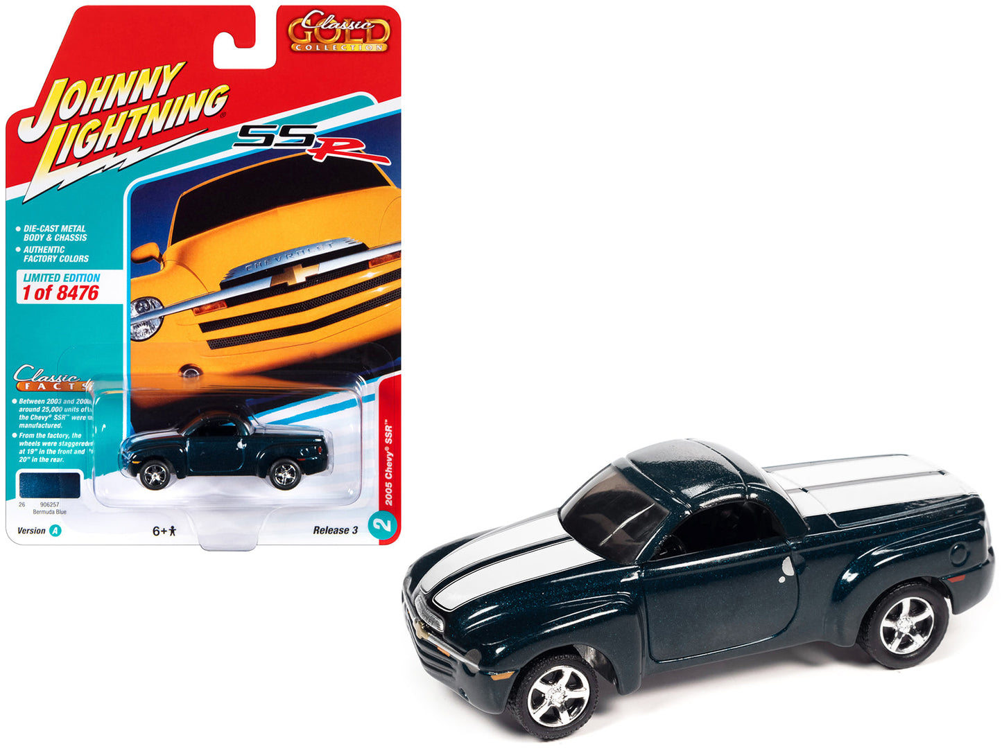 2005 Chevrolet SSR Pickup Truck Bermuda Blue Metallic with White Stripes "Classic Gold Collection" Series Limited Edition to 8476 pieces Worldwide 1/64 Diecast Model Car