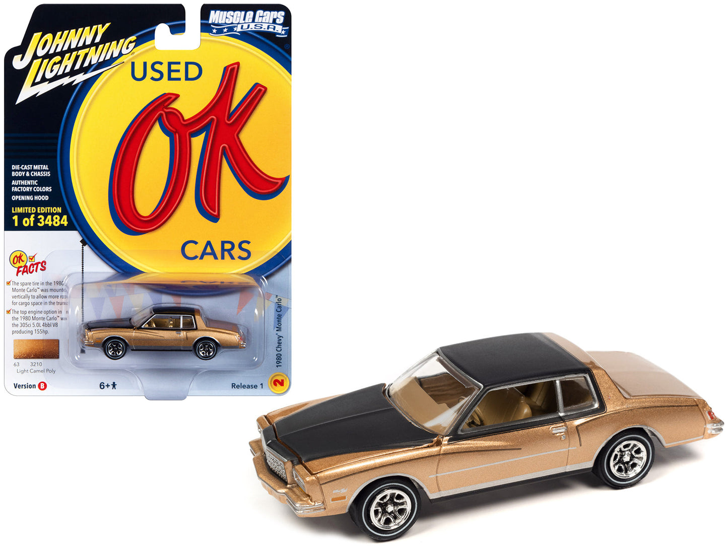 1980 Chevrolet Monte Carlo Light Camel Gold Metallic with Black Top and Hood Limited Edition to 3484 pieces Worldwide "OK Used Cars" 2023 Series 1/64 Diecast Model Car