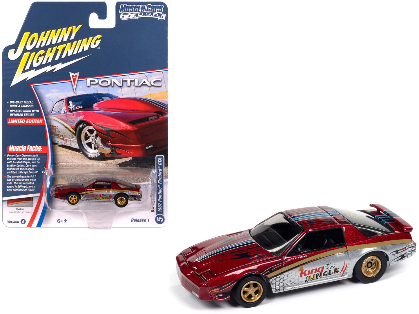 1987 Pontiac Firebird GTA "King of the Jungle" Red and Silver Metallic with Graphics "Muscle Cars USA" Series 1/64 Diecast Model Car