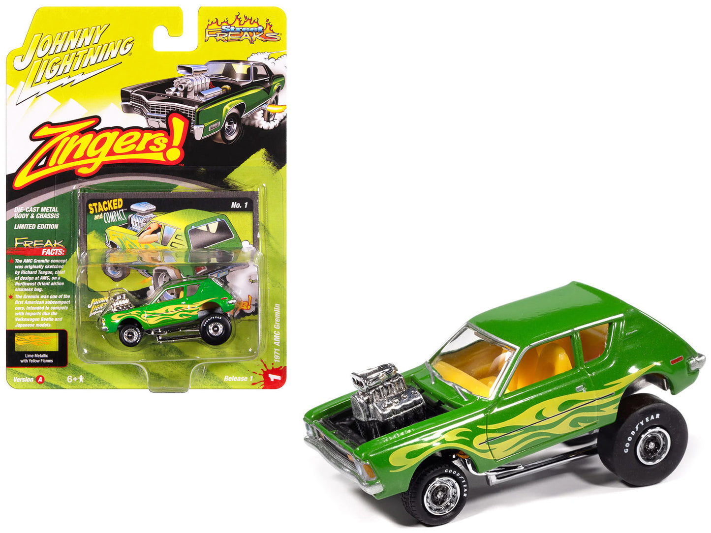 1971 AMC Gremlin Lime Green Metallic with Yellow Flames and Interior "Zingers!" Series 1/64 Diecast Model Car