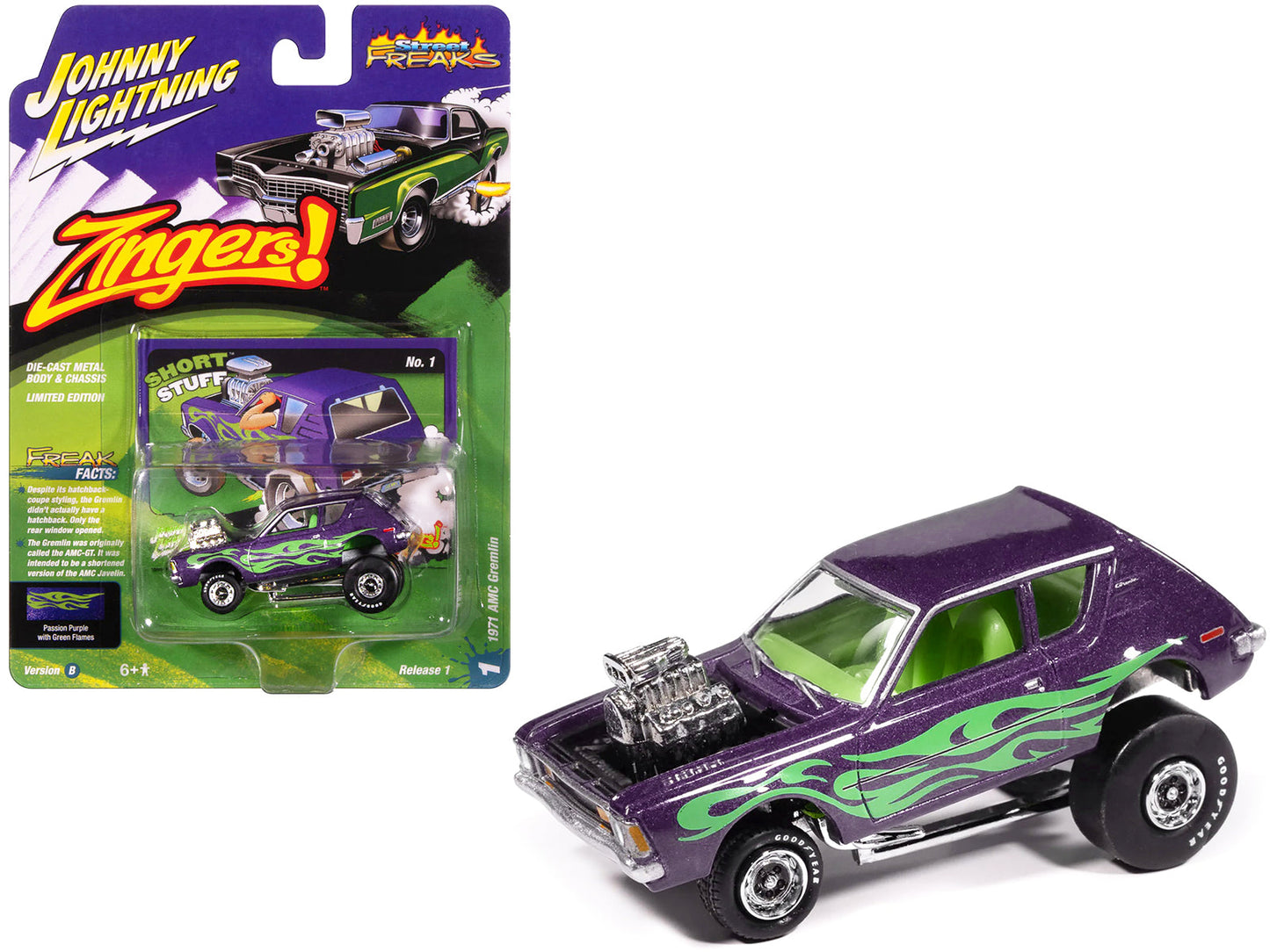 1971 AMC Gremlin Passion Purple Metallic with Green Flames and Interior "Zingers!" Series 1/64 Diecast Model Car