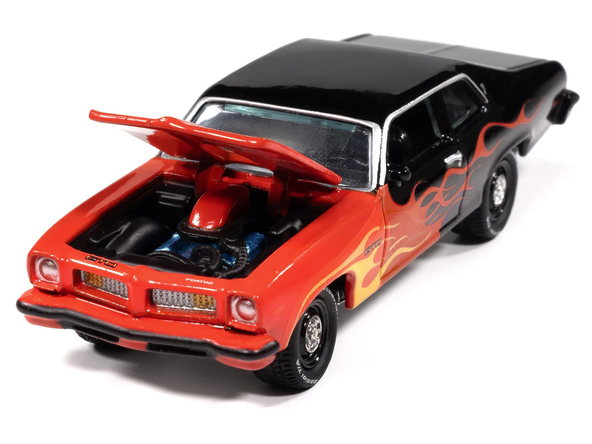 1974 Pontiac GTO Black and Red with Flame Graphics "Black with Flames" Series 1/64 Diecast Model Car
