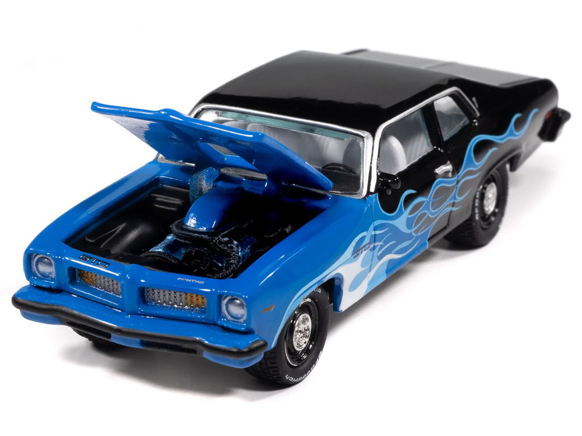 1974 Pontiac GTO Black and Blue with Blue Flame Graphics with White Interior "Black with Flames" Series 1/64 Diecast Model Car