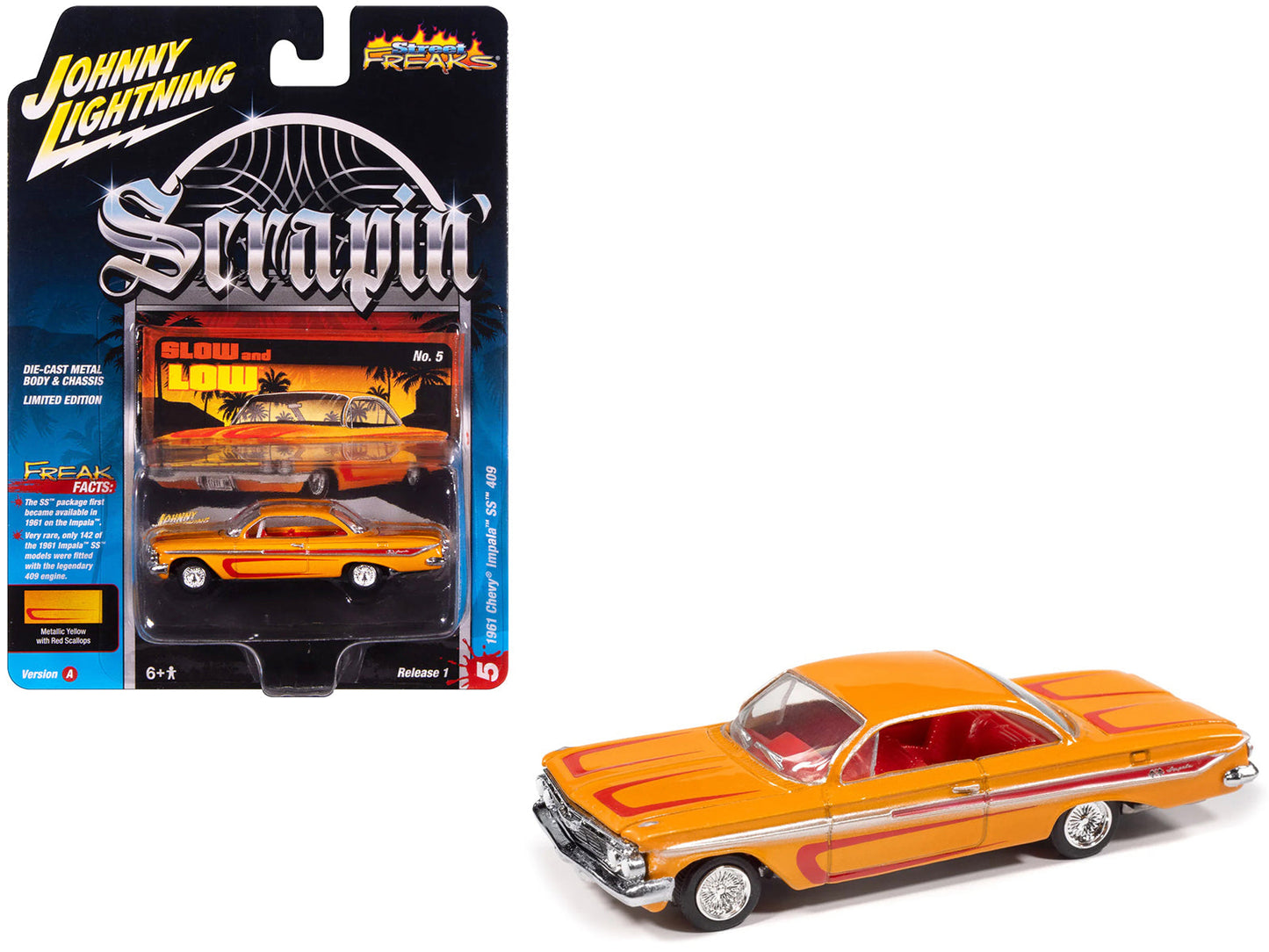 1961 Chevrolet Impala SS 409 Yellow Metallic with Red Stripes and Interior "Scrapin" Series 1/64 Diecast Model Car