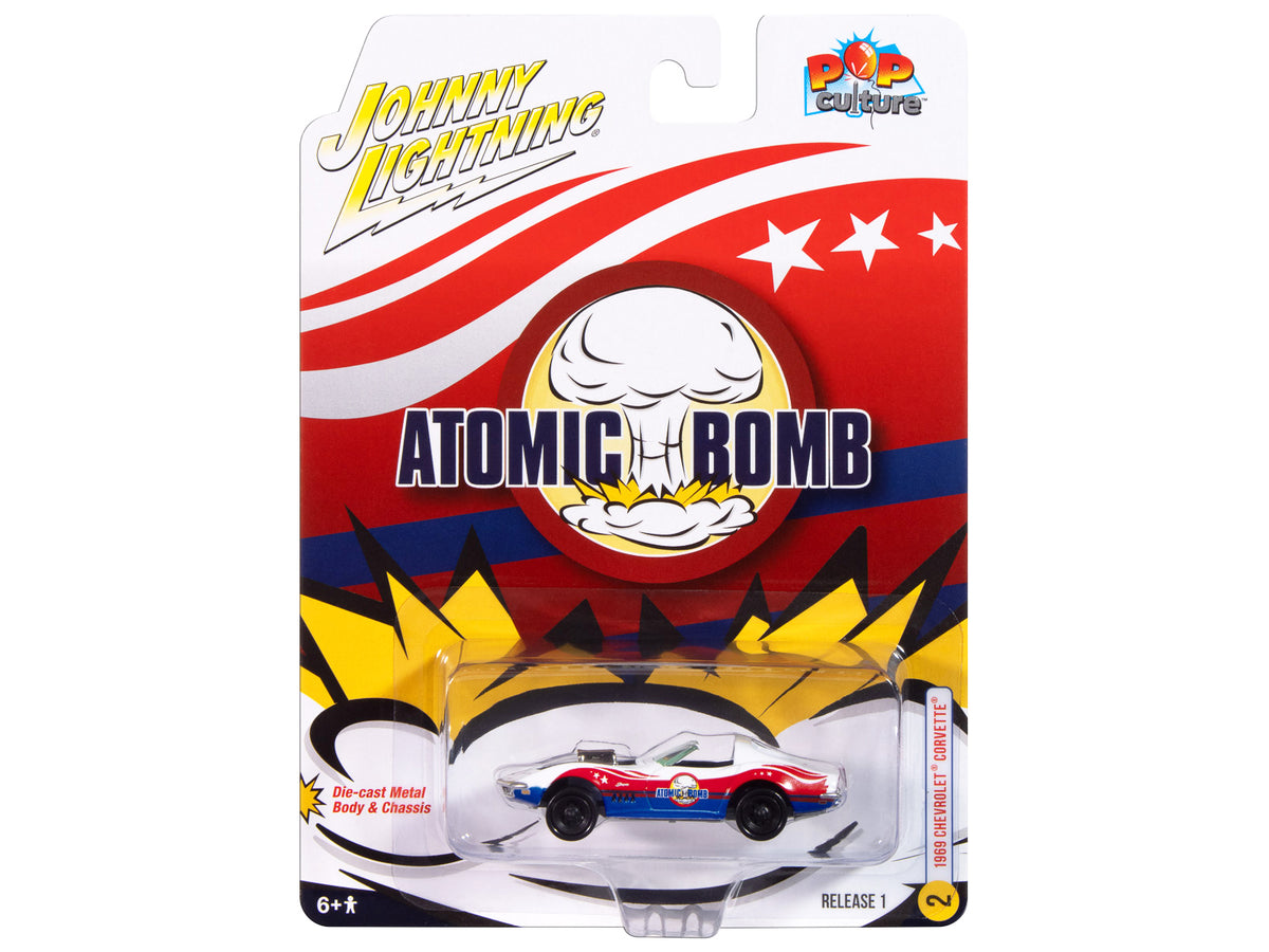 1969 Chevrolet Corvette "Atomic Bomb" White with Red and Blue Graphics "Stuntman Mike's Ride Along Racing" "Pop Culture" 2025 Release 1 1/64 Diecast Model Car