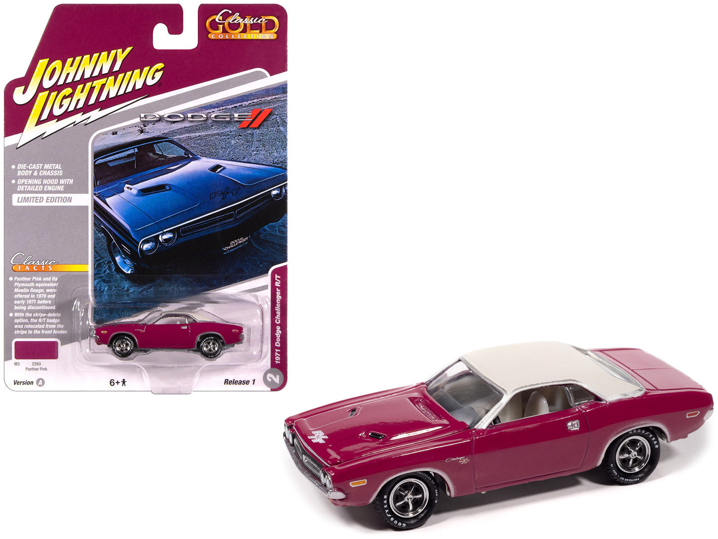 1971 Dodge Challenger R/T Panther Pink with White Top and Interior "Classic Gold Collection" 1/64 Diecast Model Car