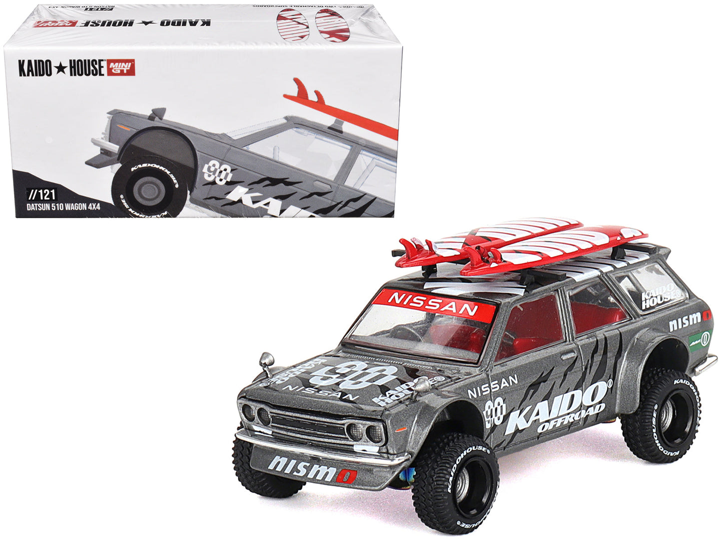 Datsun Kaido 510 Wagon 4x4 RHD (Right Hand Drive) "Kaido Offroad V1" Gray Metallic with Red Interior and Surfboards on Roof (Designed by Jun Imai) "Kaido House" Special 1/64 Diecast Model Car