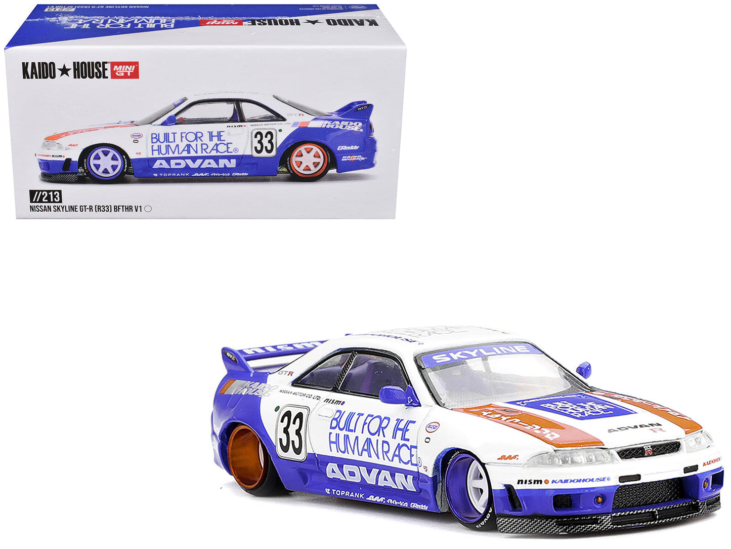 Nissan Skyline GT-R (R33) RHD (Right Hand Drive) #33 "BFTHR V1" Blue and White with Graphics (Designed by Jun Imai) "Kaido House" Special 1/64 Diecast Model Car