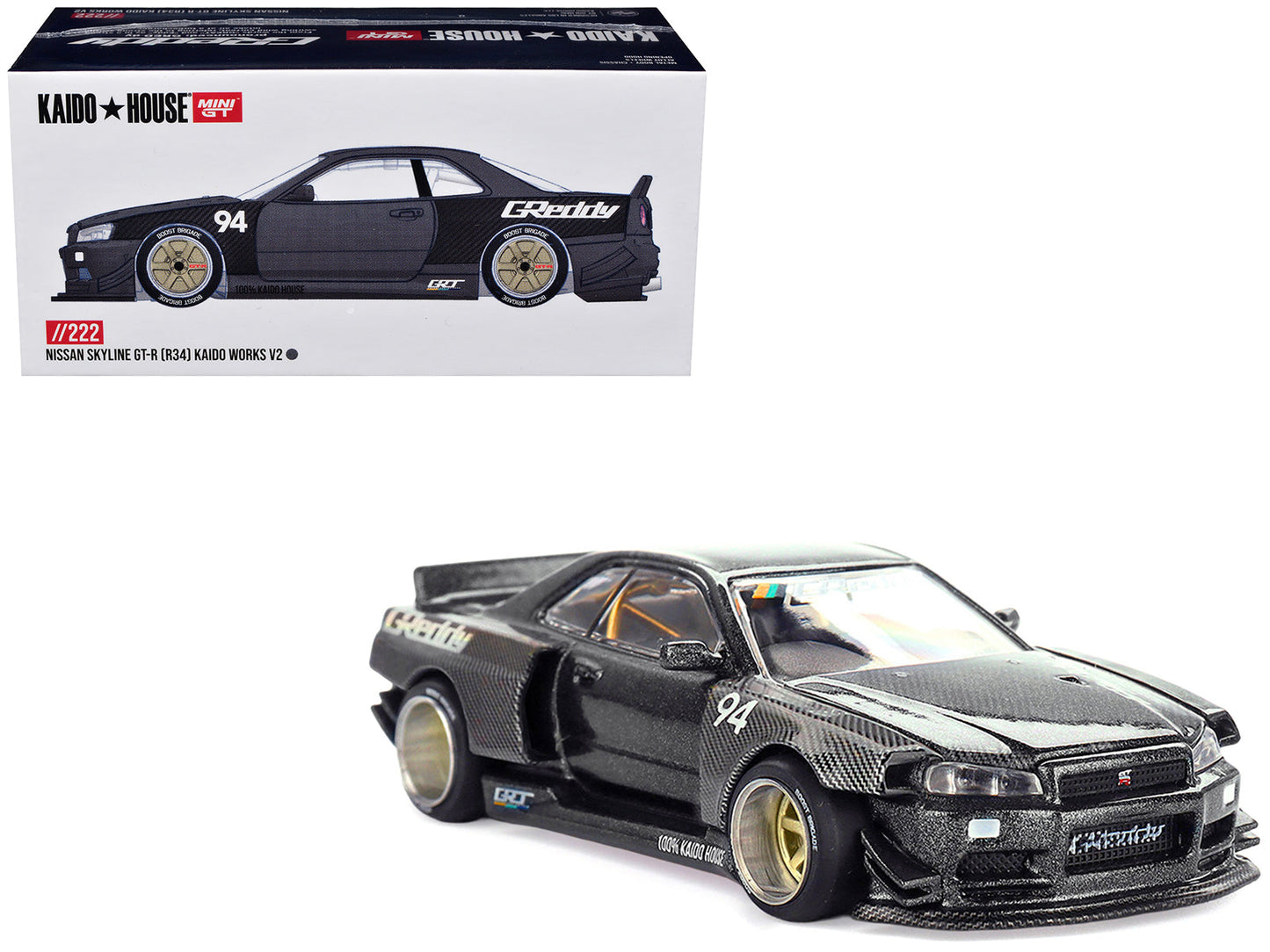 Nissan Skyline GT-R (R34) RHD (Right Hand Drive) #94 "Kaido Works GReddy V2" Carbon Fiber and Dark Gray Metallic (Designed by Jun Imai) "Kaido House" Special 1/64 Diecast Model Car