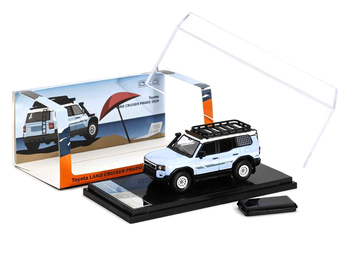 2024 Toyota Land Cruiser Prado Light Blue with White Top and Stripes with Roof Rack and Accessory 1/64 Diecast Model Car