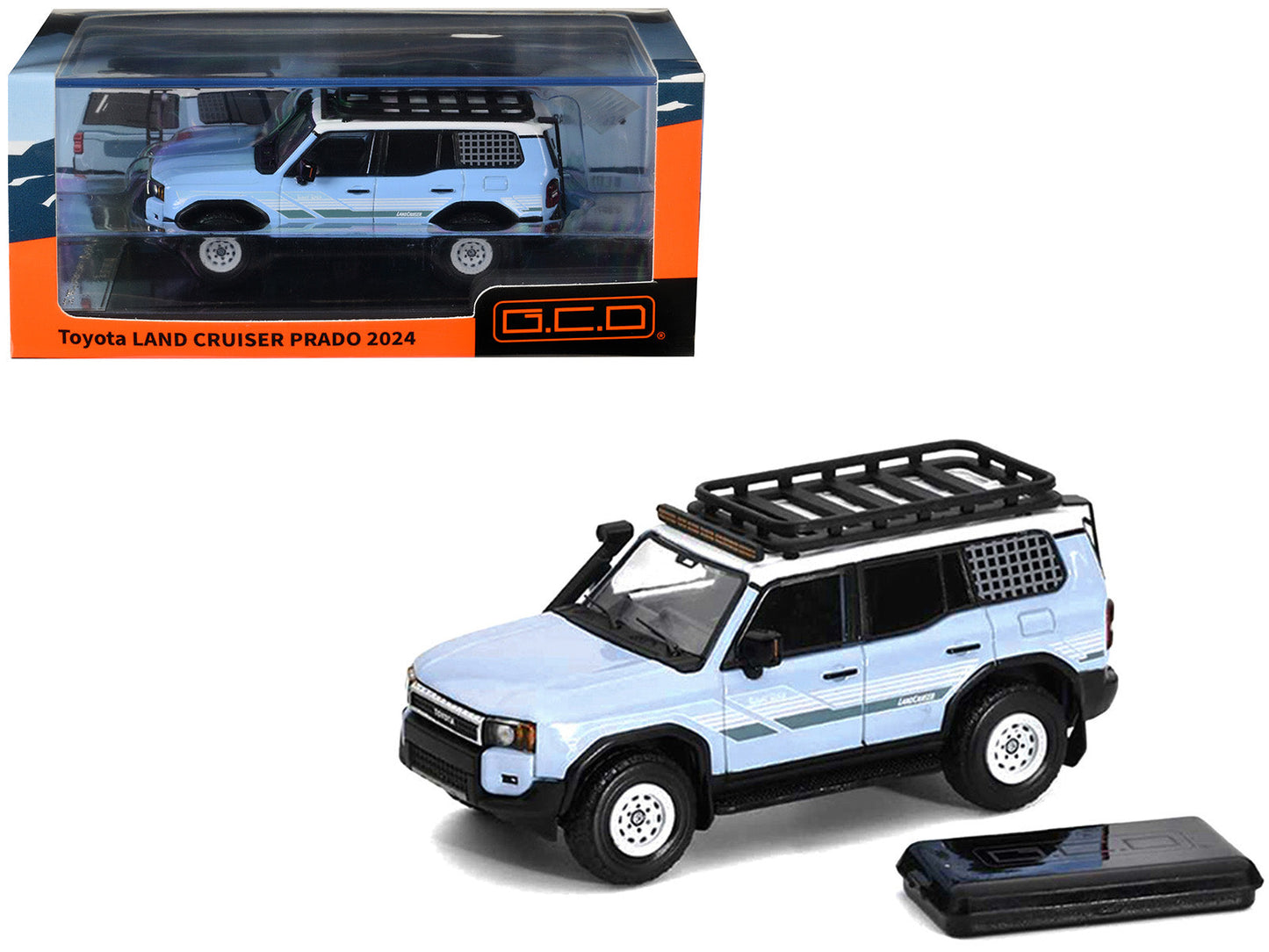 2024 Toyota Land Cruiser Prado Light Blue with White Top and Stripes with Roof Rack and Accessory 1/64 Diecast Model Car