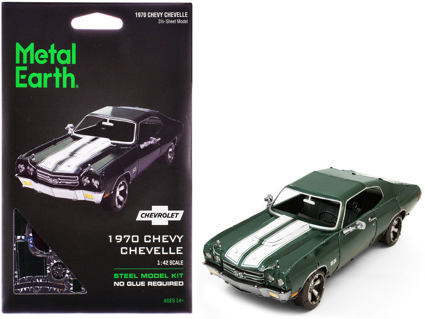 Model Kit 1970 Chevrolet Chevelle SS Green with White Stripes (Challenging Difficulty) Steel Model