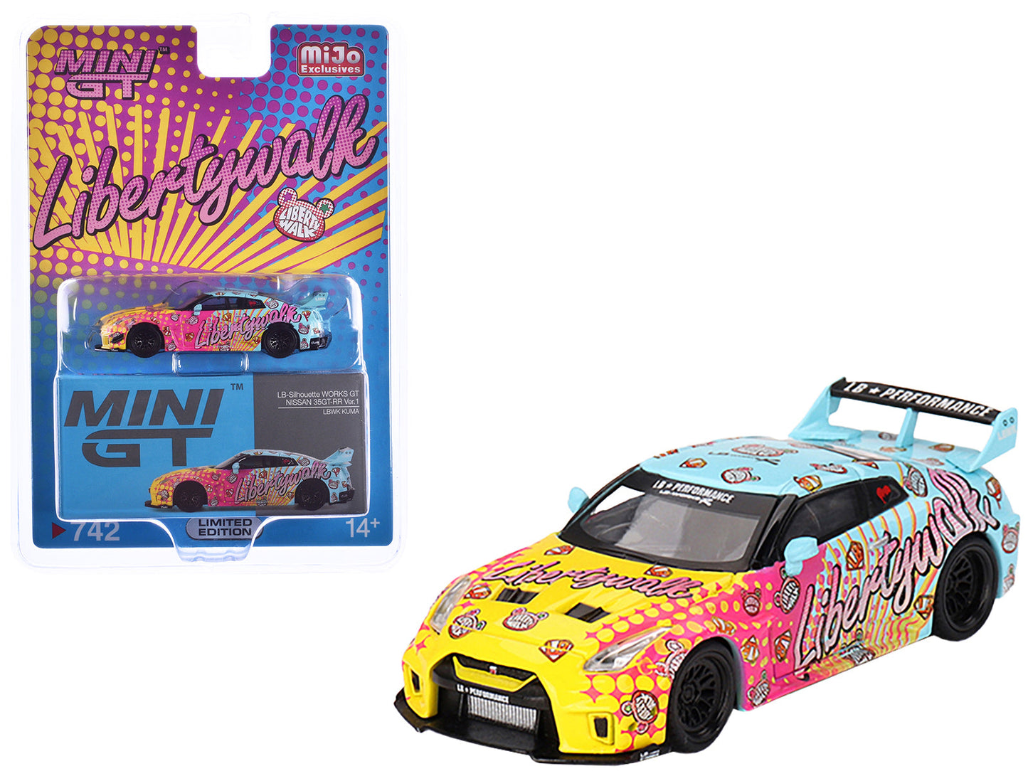 Nissan 35GT-RR Ver.1 "LB-Silhouette Works GT" Light Blue and Yellow with Graphics "LBWK KUMA" Limited Edition 1/64 Diecast Model Car