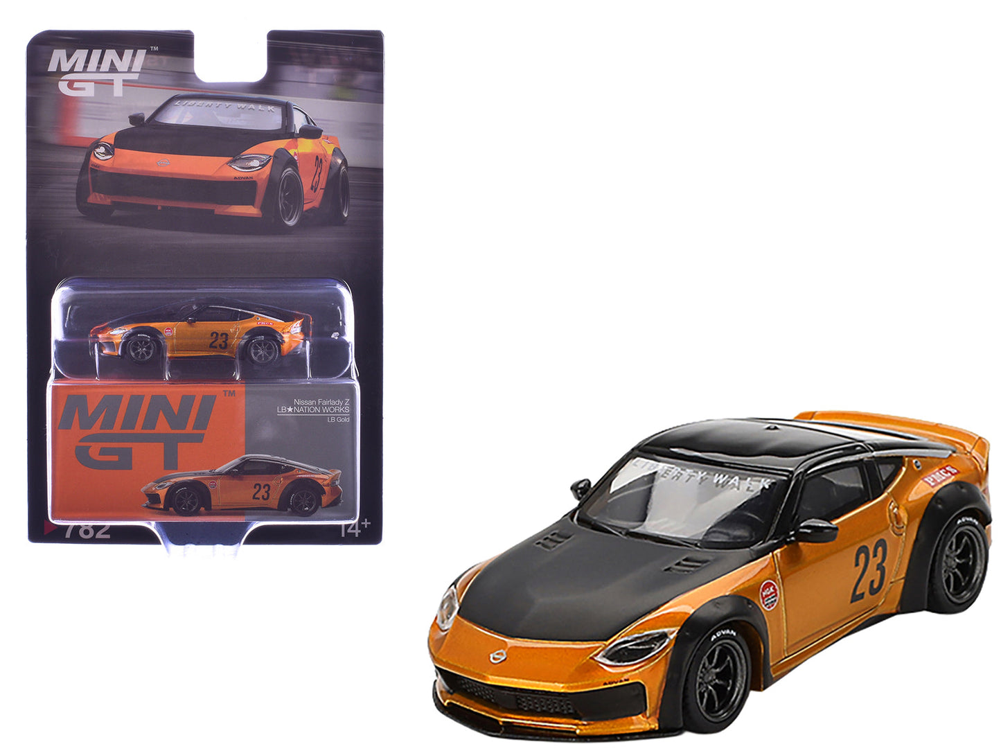 Nissan Fairlady Z #23 "LB-NATION WORKS" LB Gold Metallic with Matt Black Hood and Black Top Limited Edition 1/64 Diecast Model Car